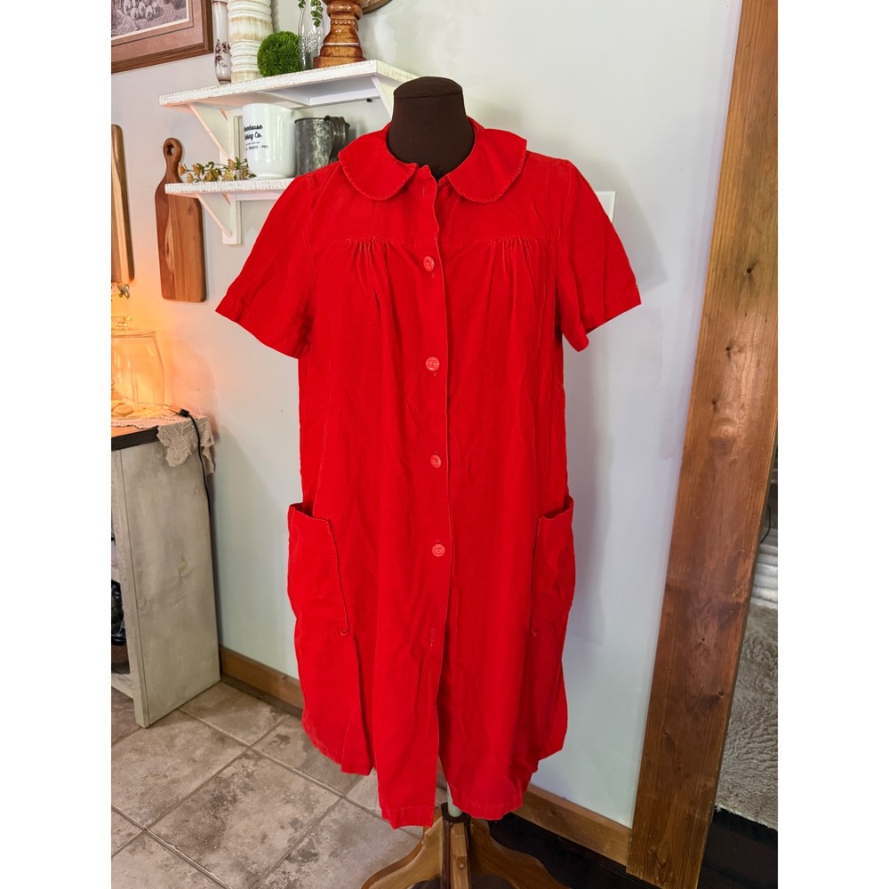 Vintage Sears Red Corduroy House Dress Button Front Pockets L 18 grndmacore